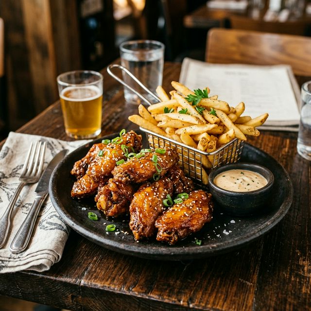 Aripoare de găină cu cartofi pai și sos